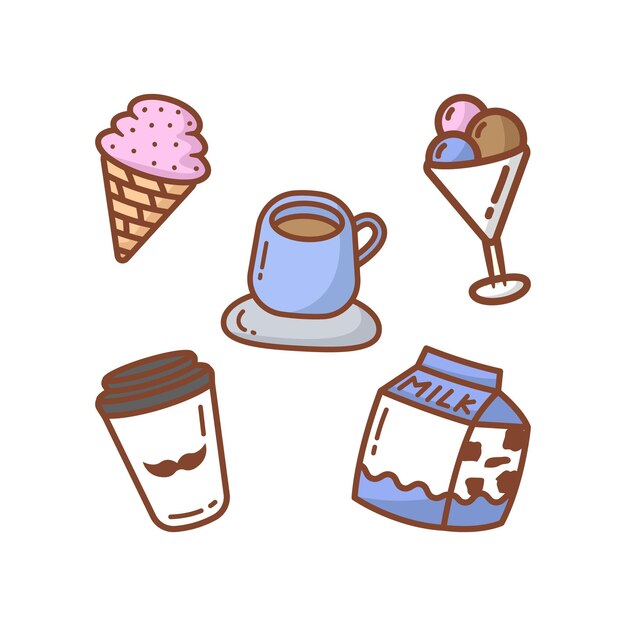 Hand drawn sticker pack of ice cream coffee and milk kawaii cute icon doodle illustration graphic