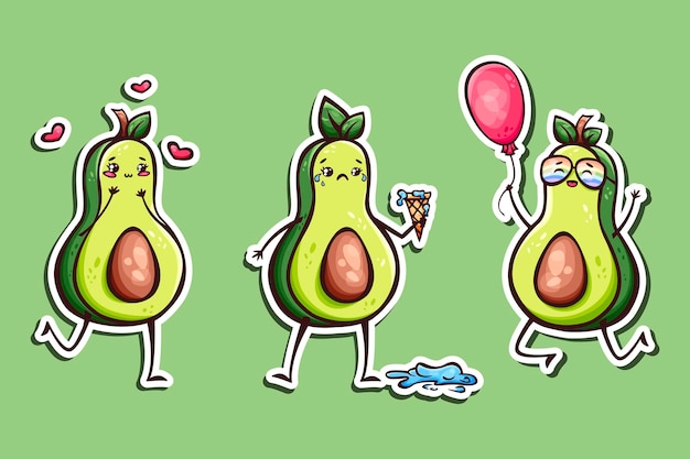 Vector hand drawn sticker set of cute kawaii avocados in doodle style cute avocado stickers icons mascot