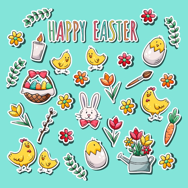 Hand drawn sticker set of Easter elements in doodle sketch style