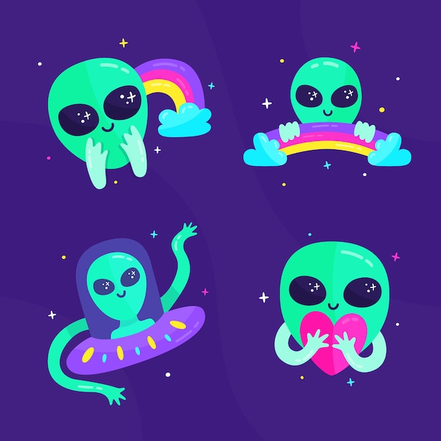 Vector hand drawn sticker with alien and rainbows