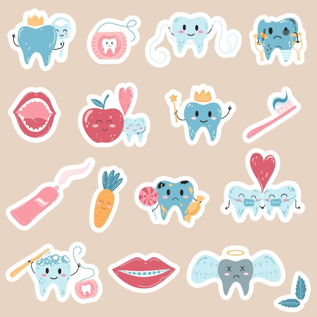 Hand drawn stickers with kawaii teeth characters in cartoon flat style Vector illustration of healthy and sick tooth