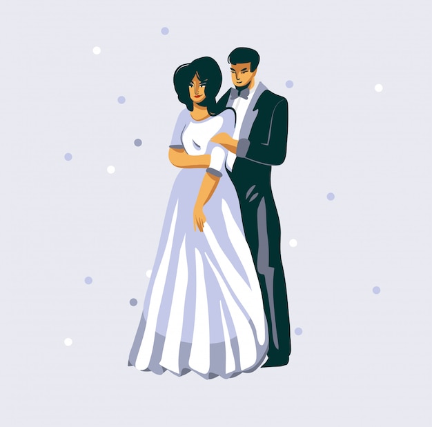 결혼식 한 쌍 포옹 흰색 배경에 고립 된 손으로 그린 재고 추상적 인 그래픽 평면 그림