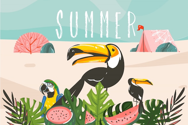 Нарисованная рукой абстрактная графическая иллюстрация запаса с тропическими птицами и листьями, палатка лагеря в ландшафте пляжа океана и типография лета изолированная на голубой предпосылке