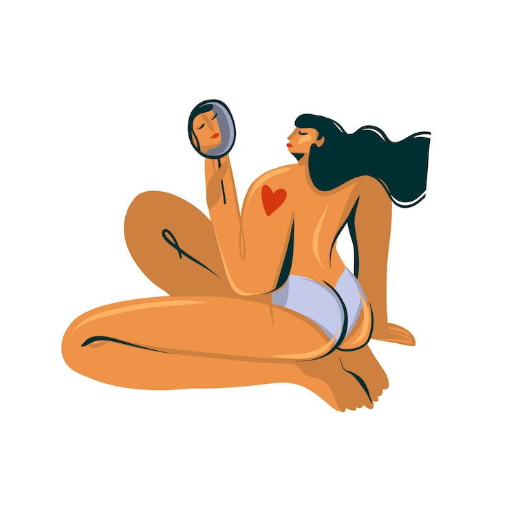 Vector hand drawn  stock abstract graphic illustration with young naked plus size girl looking herself in the mirror with heart tattoo  on white background.