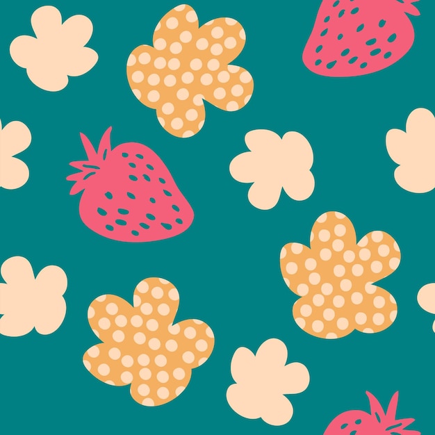 손으로 그린 딸기와 점박이 꽃 원활한 패턴 T셔츠 직물에 적합하고 장식 및 디자인을 위한 낙서 벡터 일러스트레이션