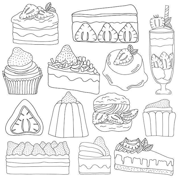 Collezione di torte e dessert di fragole e cioccolato disegnate a mano in stile doodle art