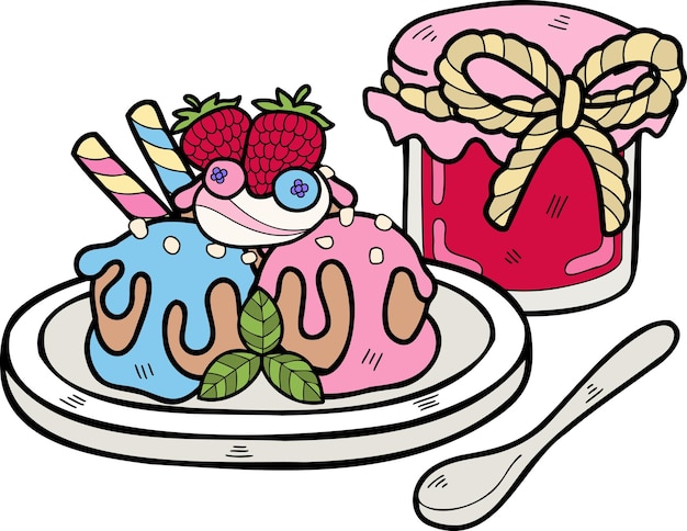 벡터 접시 그림에 손으로 그린 딸기 아이스크림