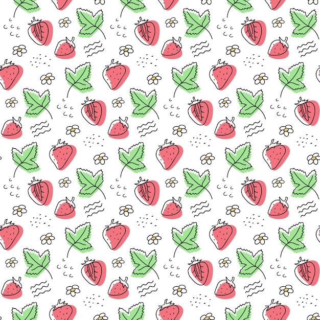 手描きのイチゴのシームレスなベクトルパターン。ベリー、葉。