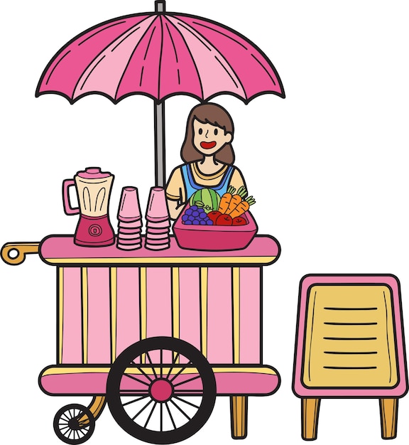 Illustrazione disegnata a mano del carrello del succo del cibo di strada