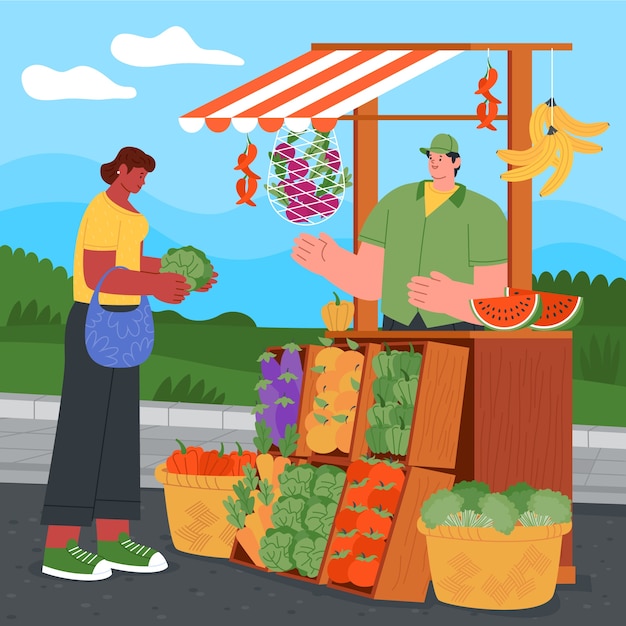 Vettore illustrazione disegnata a mano del mercato del cibo di strada