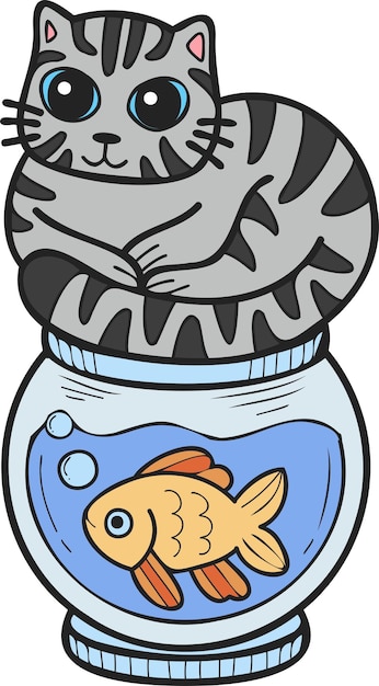 Hand drawn striped cat on fish bowl illustration in doodle style