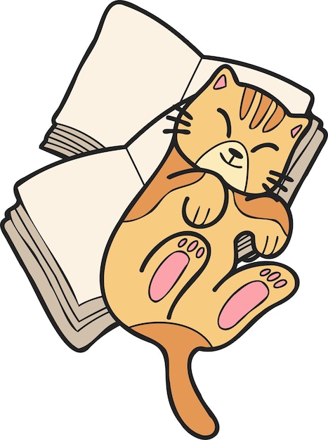 손으로 그린 줄무늬 고양이는 낙서 스타일의 책 삽화 더미에 누워 있습니다.