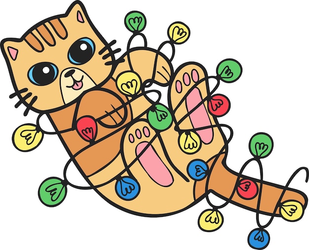 Vector hand drawn striped cat playing with light bulb illustration in doodle style