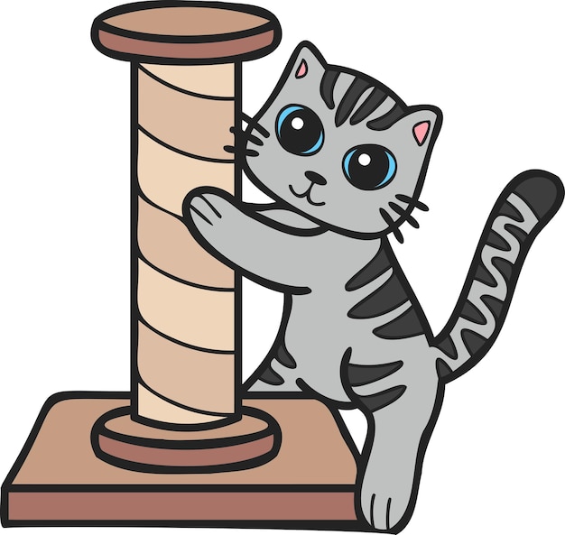 Hand Drawn striped cat with cat climbing pole illustration in doodle style