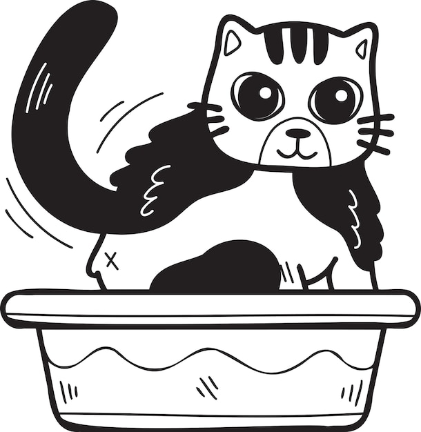 Hand drawn striped cat with tray illustration in doodle style