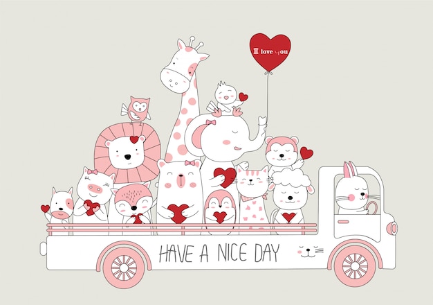 Hand drawn style. cartoon sketch the cute baby animals with car