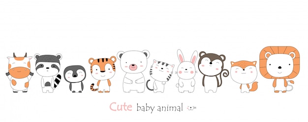 Hand drawn style. cartoon sketch the cute posture baby animals