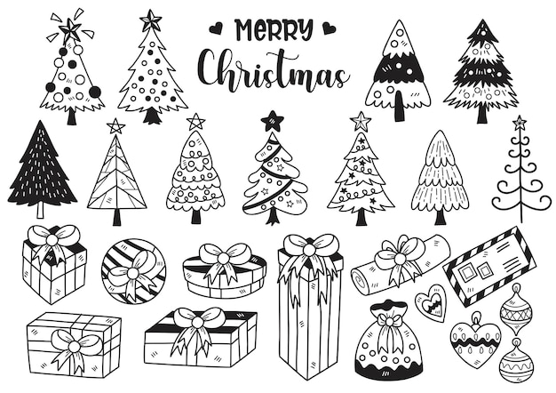Ручной рисунок рождественской елки и подарочной коробки каракули объекты векторной иллюстрации