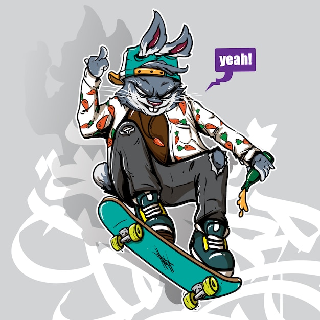 Vector hand drawn style of crazy bunny riding skateboard