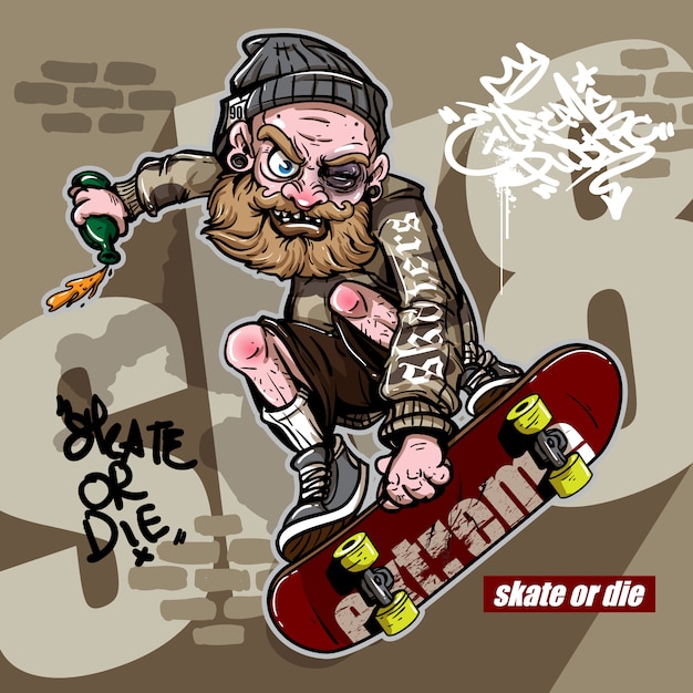 Stile disegnato a mano di uomo pazzo ubriaco cavalcando skateboard