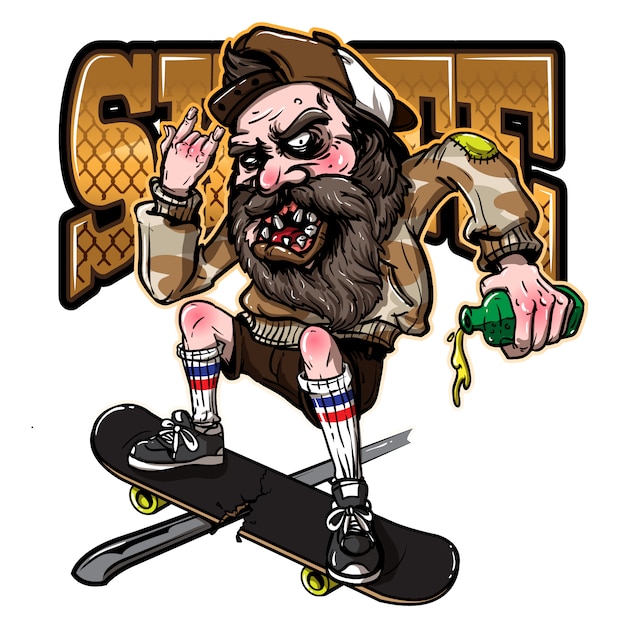 Stile disegnato a mano di uomo pazzo ubriaco cavalcando skateboard