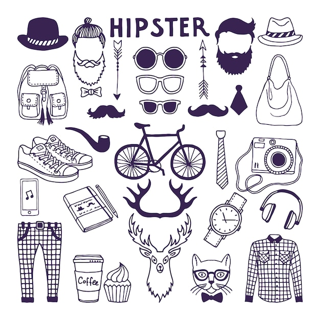 Hand drawn style doodle set of hipster elements. Vector illustrations set