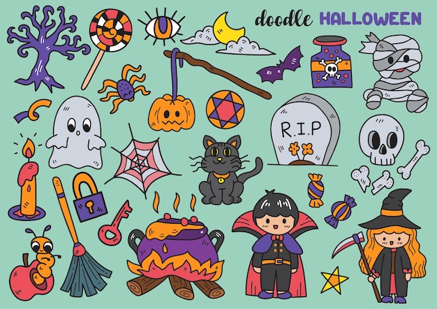 Oggetti di halloween in stile disegnato a mano doodle oggetti illustrazione vettoriale