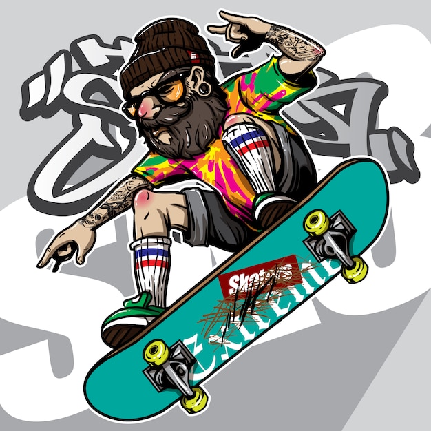 hand drawn style of hipster riding skateboard