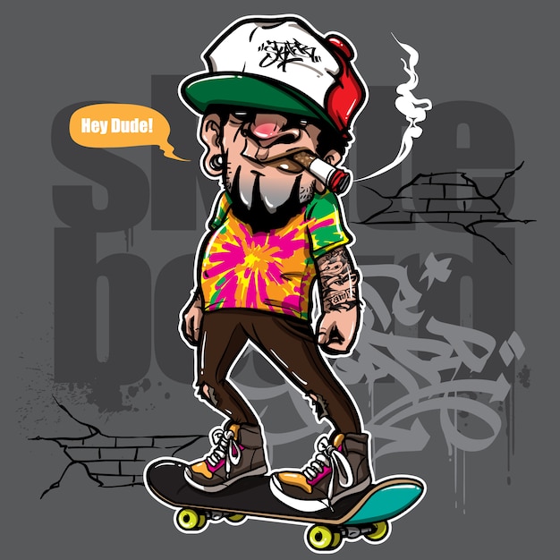 hand drawn style of hipster riding skateboard