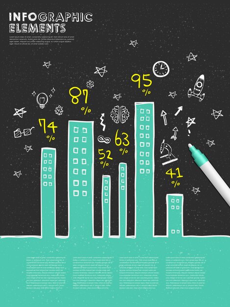 建物のチャートとペンで手描きスタイルのインフォグラフィック