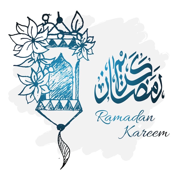 랜턴 꽃과 아랍어 서예 이슬람 벡터 일러스트와 함께 손으로 그린 스타일 라마단 카림 스케치