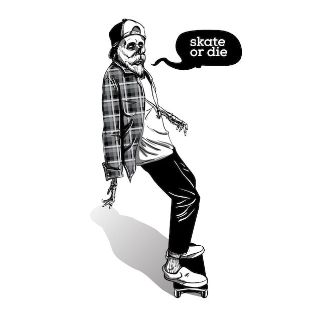 Hand drawn style of skull riding skateboard