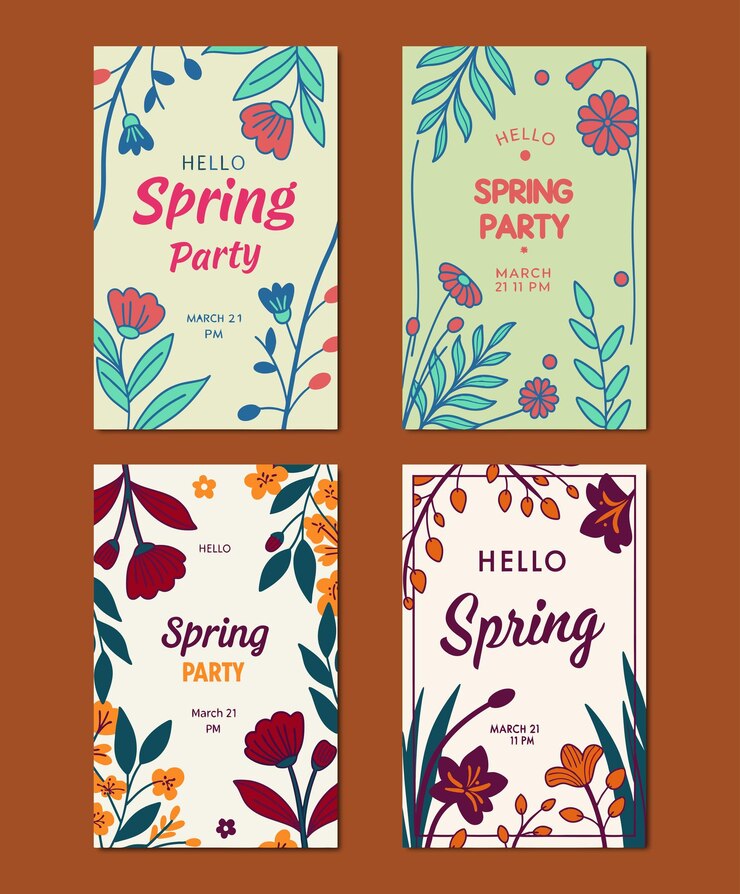 Vector hand drawn style spring party flyers and poster set