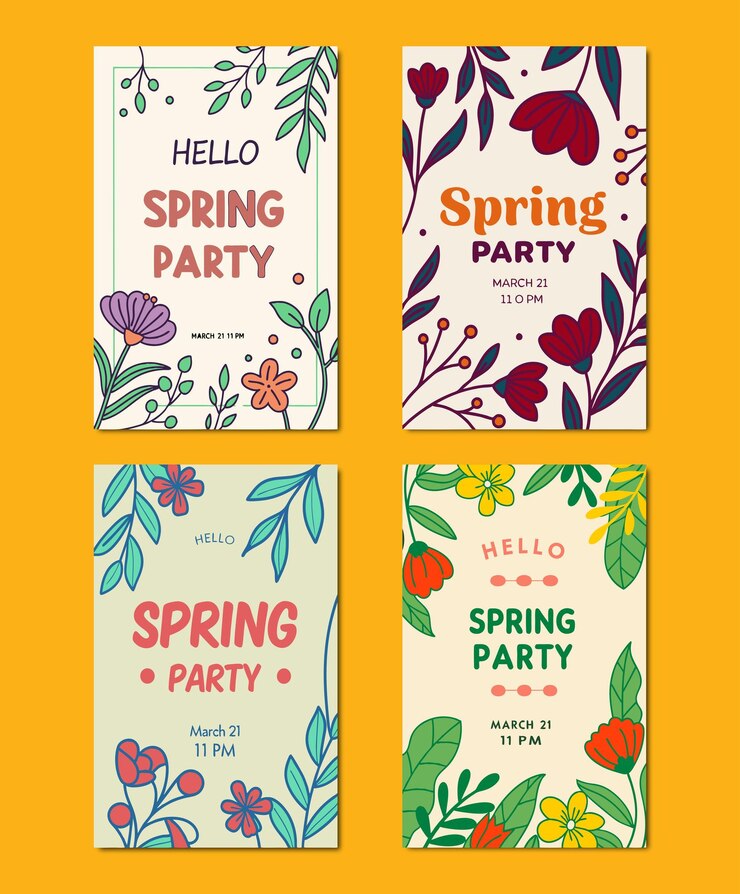 Vector hand drawn style spring party flyers and poster set