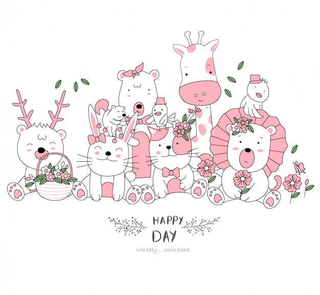 Hand drawn style white cute animal cartoon