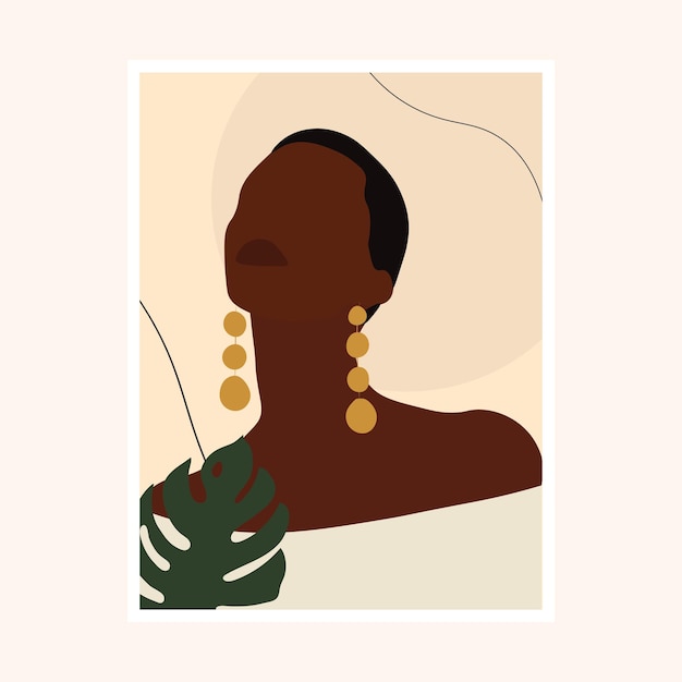 手描きのスタイリッシュな黒人女性と熱帯の葉のイラスト