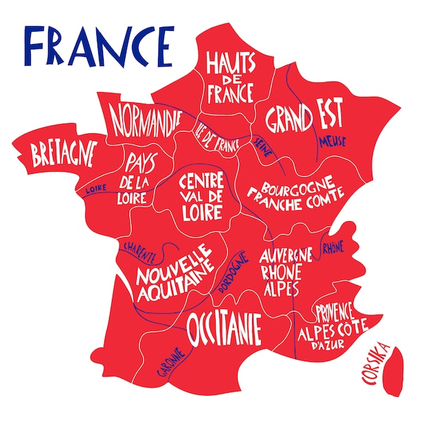 hand drawn stylized map of France. Travel illustration with french regions, cities names.