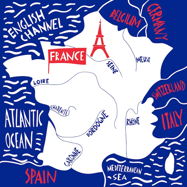 Vettore mappa stilizzata disegnata a mano della francia. illustrazione di viaggio con nomi di fiumi.