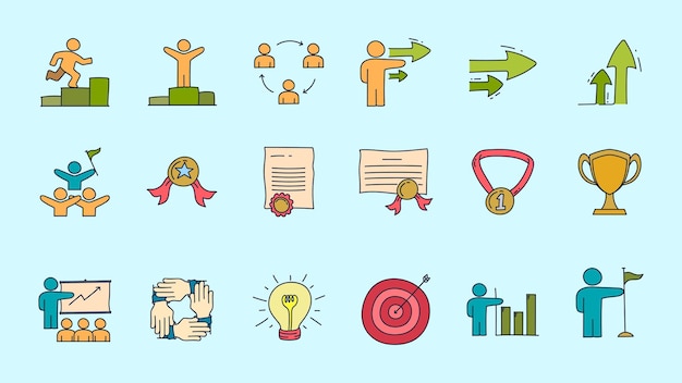 Hand drawn success business icon set Success business career doodle flat icon collections