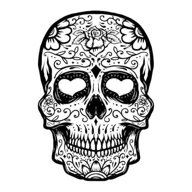 hand drawn sugar skull  on white background. day of the dead.  element for poster, t-shirt.  illustration