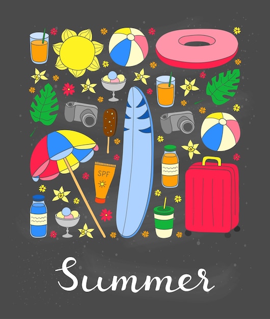 사각형 모양의 손으로 그린 여름 및 휴가 항목