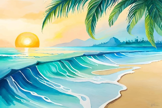 Hand drawn summer background with beach view in watercolor style