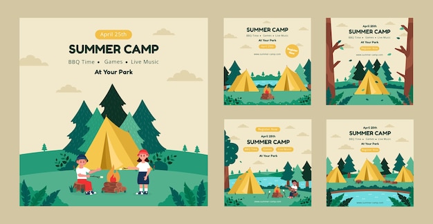 Vector hand drawn summer camp instagram posts set