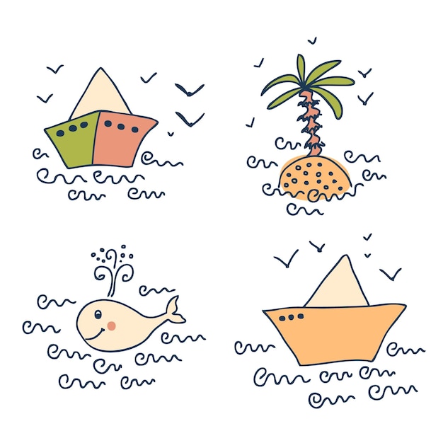 Ручная рисованная летняя коллекция с бумажной лодкой, пальмовым островом и китом. идеально подходит для флаера с логотипом футболки.