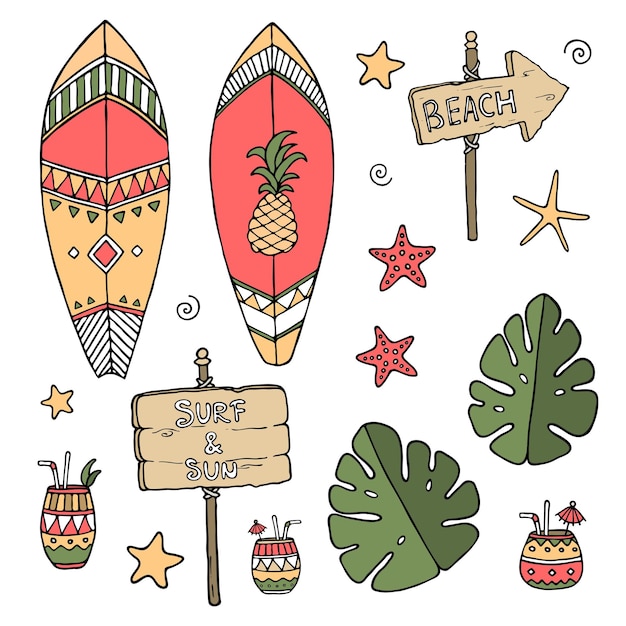 Set di surf a colori d'estate disegnato a mano con illustrazione vettoriale di elementi di spiaggia