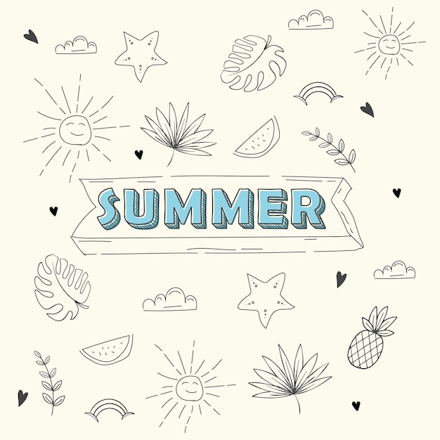 Vector hand drawn summer elements with fruits tropical leaves and sun