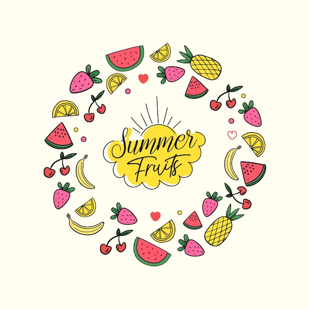 Иллюстрационная коллекция летних фруктов, нарисованная вручную. Арбуз, ананас, банан, клубника и лимон.