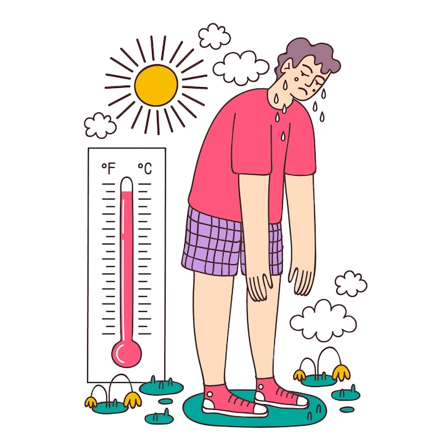 人と温度計と手描きの夏の暑さのイラスト