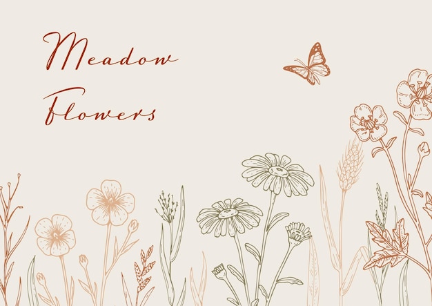 Disegno di fiori selvatici orizzontali estivi disegnati a mano illustrazione vettoriale in stile schizzo