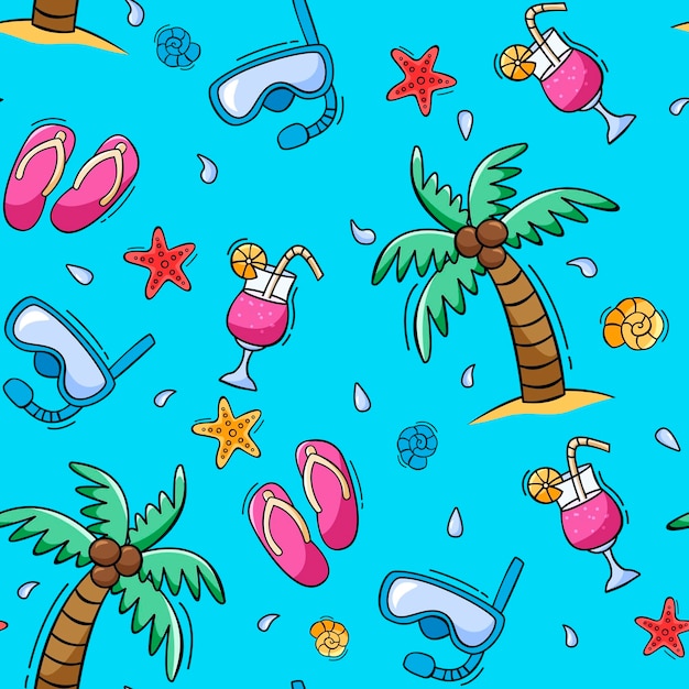 Vector hand drawn summer seamless pattern with palm tree cocktail flip flops diving mask in doodle style